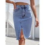 Women High Waist Denim Skirts Summer Mid-length Irregular Jeans Skirt