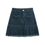High Waist Y2k Pleated Denim Skirt Women Casual Blue Washed Mini Skirt