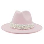 Jazz Fedora Hats with Pearls Band Women White Felted Top Cap Wide Brim