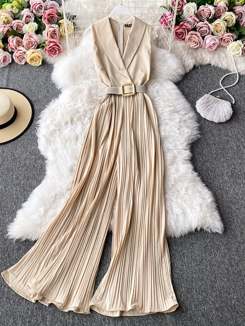 Vintage Notched Collar Draped Rompers For Women Wide Leg Jumpsuit