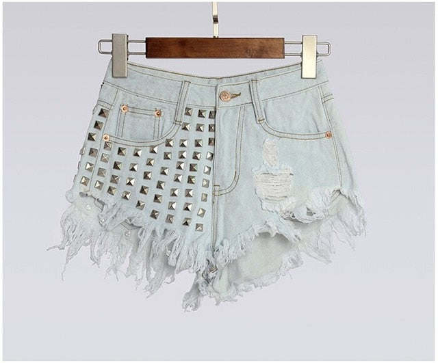 Women's Vintage Tassel Rivet Ripped Loose High Waisted Short Jeans