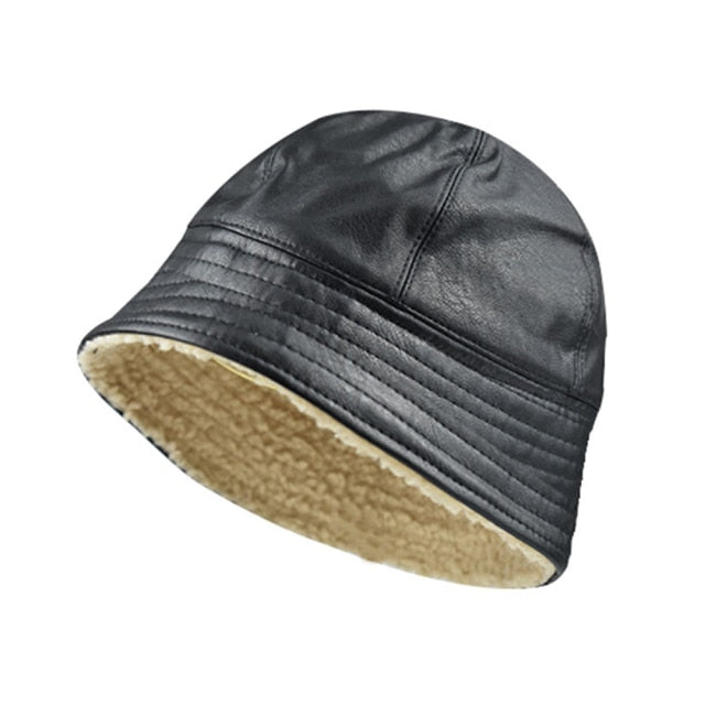 Winter Hats For Women Black PU Bucket Hat Streetwear Plus Velvet Caps