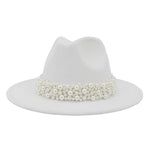 Jazz Fedora Hats with Pearls Band Women White Felted Top Cap Wide Brim