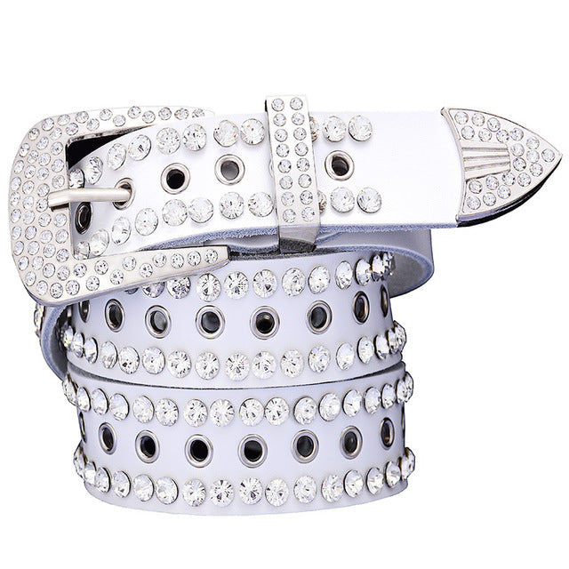 Rhinestone Belts For Women Metal Hollow Genuine Leather Belt