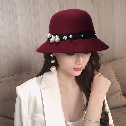 Vintage Elegant Women Hat Pearl Ribbon Wool Felt Fedoras With Brim-Winter Hats-Arimonz-Arimonz