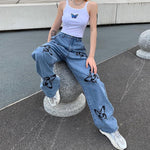 Vintage Jeans Woman Long Trousers Loose Butterfly Print Pants-Straight Jeans-Arimonz-Arimonz