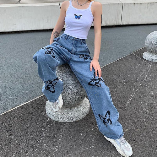 Vintage Jeans Woman Long Trousers Loose Butterfly Print Pants-Straight Jeans-Arimonz-Arimonz
