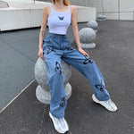 Vintage Jeans Woman Long Trousers Loose Butterfly Print Pants-Straight Jeans-Arimonz-Arimonz