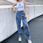 Vintage Jeans Woman Long Trousers Loose Butterfly Print Pants-Straight Jeans-Arimonz-Arimonz