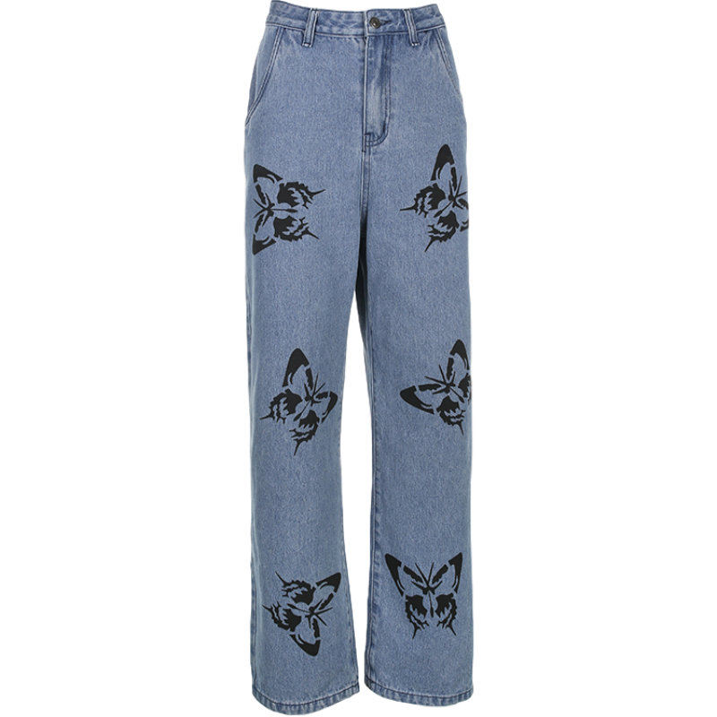 Vintage Jeans Woman Long Trousers Loose Butterfly Print Pants-Straight Jeans-Arimonz-S-Arimonz