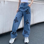 Vintage Jeans Woman Long Trousers Loose Butterfly Print Pants-Straight Jeans-Arimonz-Arimonz