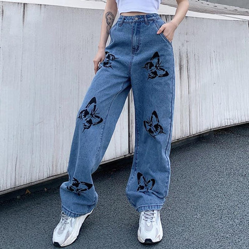 Vintage Jeans Woman Long Trousers Loose Butterfly Print Pants-Straight Jeans-Arimonz-Arimonz