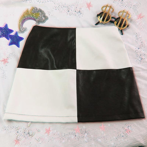 Vintage Mini Skirts Patchwork Black and White A-line Short Skirt-Skirts-Arimonz-Arimonz