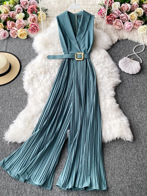 Vintage Notched Collar Draped Rompers For Women Wide Leg Jumpsuit-Night Out Jumpsuits & Rompers-Arimonz-Arimonz