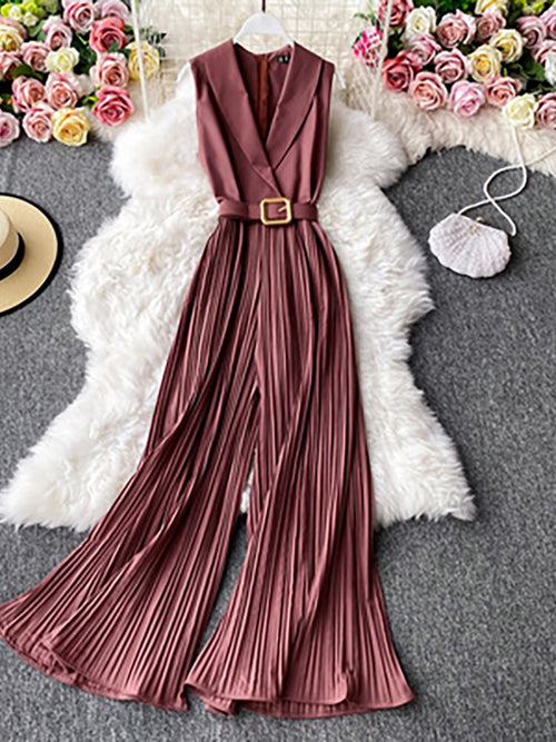 Vintage Notched Collar Draped Rompers For Women Wide Leg Jumpsuit-Night Out Jumpsuits & Rompers-Arimonz-Arimonz