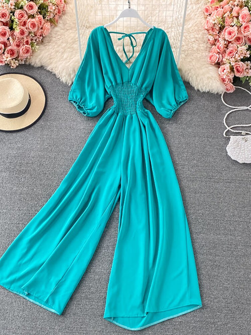 Vintage Romper Women Casual Short Puff Sleeve Wide Leg Jumpsuits-Night Out Jumpsuits & Rompers-Arimonz-Arimonz