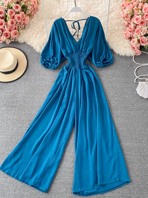 Vintage Romper Women Casual Short Puff Sleeve Wide Leg Jumpsuits-Night Out Jumpsuits & Rompers-Arimonz-Arimonz