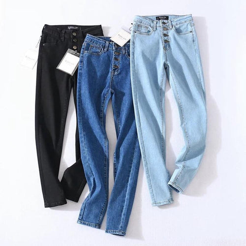 Vintage Skinny Four Buttons High Waist Pencil Jeans Slim Fit Denim-Skinny Jeans-Arimonz-Arimonz