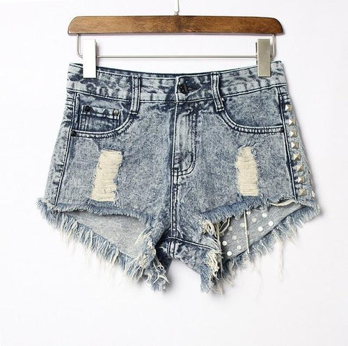 Vintage Tassel Rivet Ripped High Waist Denim Short-Denim Shorts-Arimonz-Arimonz