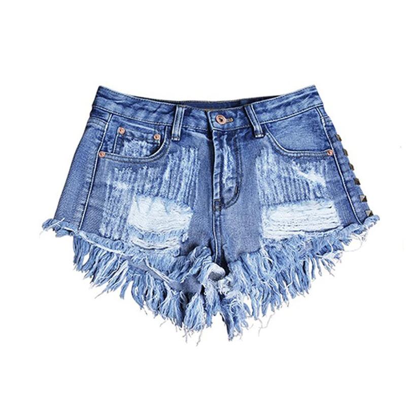 Vintage Tassel Rivet Ripped High Waist Denim Short-Denim Shorts-Arimonz-Deep Blue-32-Arimonz