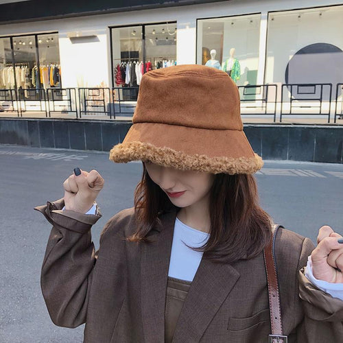 Warm Women Bucket Hat Winter Suede Artificial Fur Thick Warm Plush Cap-Winter Hats-Arimonz-Arimonz