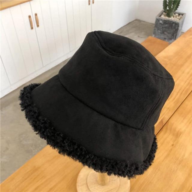 Warm Women Bucket Hat Winter Suede Artificial Fur Thick Warm Plush Cap-Winter Hats-Arimonz-Black-Arimonz