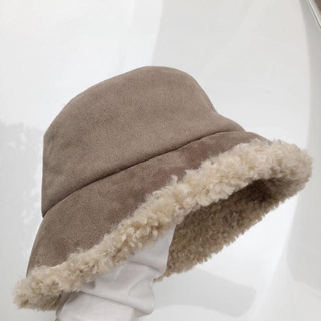 Warm Women Bucket Hat Winter Suede Artificial Fur Thick Warm Plush Cap-Winter Hats-Arimonz-Khaki-Arimonz