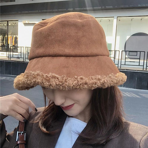 Warm Women Bucket Hat Winter Suede Artificial Fur Thick Warm Plush Cap-Winter Hats-Arimonz-Arimonz