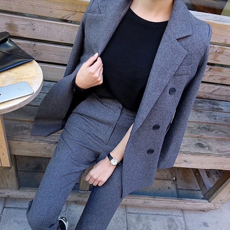 Wear To Work Sets - Grey Blazer Jacket & Zipper Trousers Suit Set