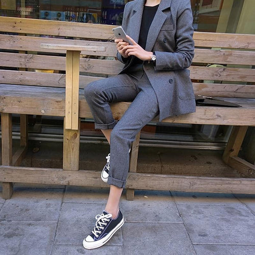 Wear To Work Sets - Grey Blazer Jacket & Zipper Trousers Suit Set