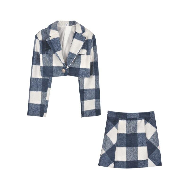 Wear To Work Sets - Plaid Woolen Suit Two Piece Sets High Waist Mini Skirt Wool Blends Set