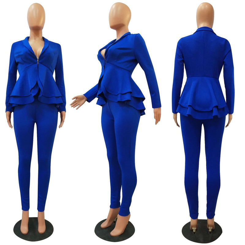 FRXSWW Women's Suit Set Solid Color Trousers Suit 2 Piece Outfit Set Casual  Outfits Blue L