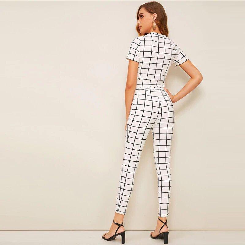 Wear To Work Sets - Twist Front Grid Crop Top And Skinny Pants Set