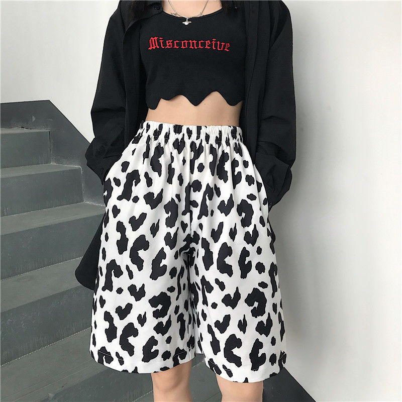 White Cow Women Shorts Elastic High Waist Wide Leg Women Shorts-Shorts-Arimonz-Arimonz