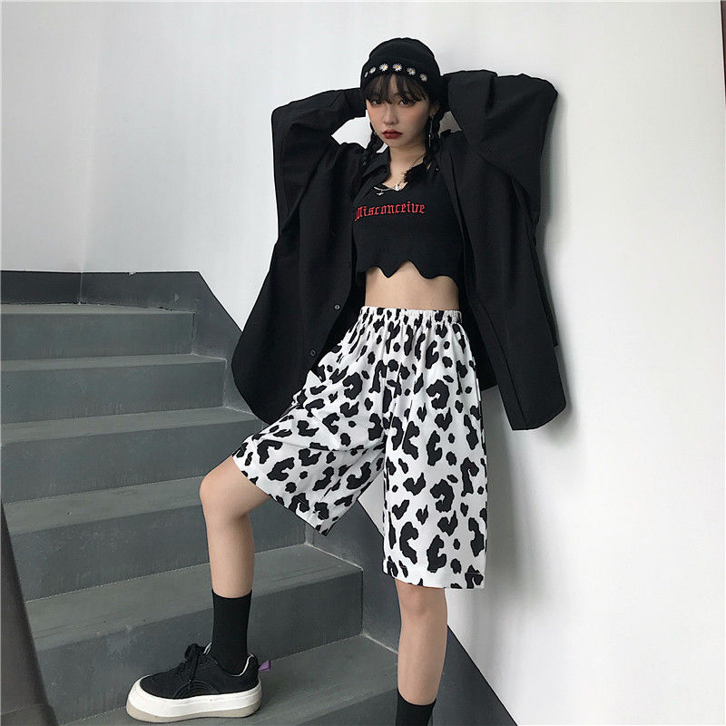 White Cow Women Shorts Elastic High Waist Wide Leg Women Shorts-Shorts-Arimonz-Arimonz