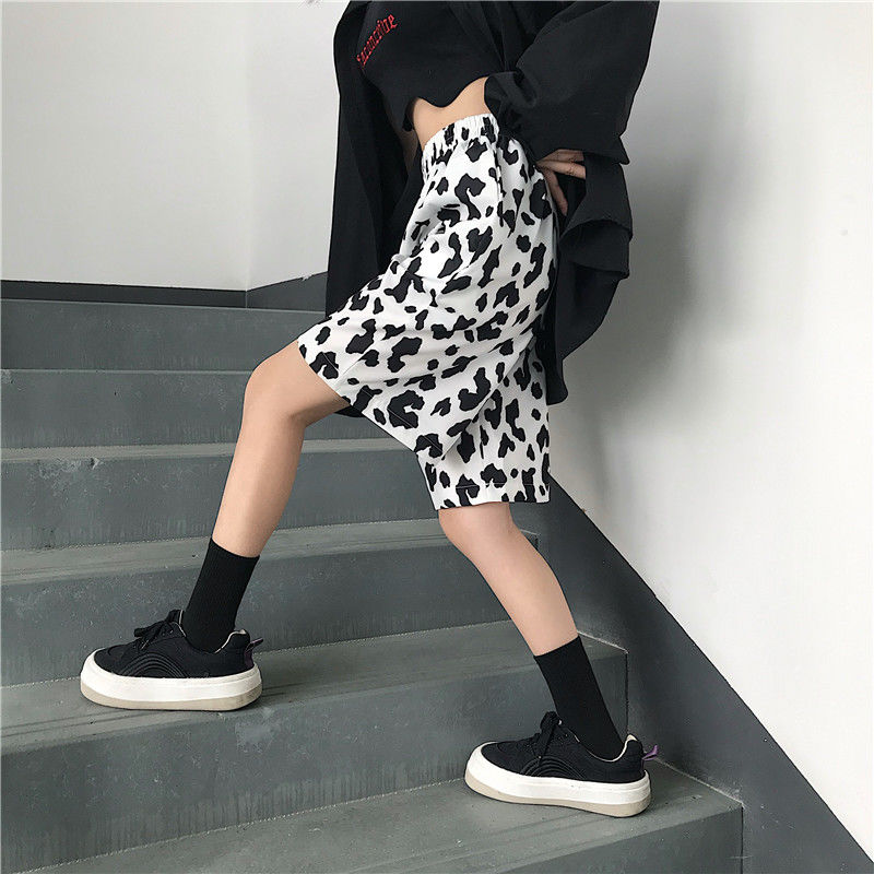 White Cow Women Shorts Elastic High Waist Wide Leg Women Shorts-Shorts-Arimonz-Arimonz