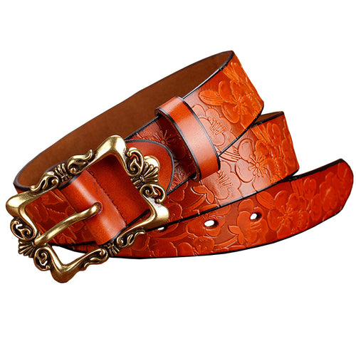 Wide Genuine Leather Belts For Women Vintage Floral Pin Buckle Belt-Women's Belts-Arimonz-Arimonz
