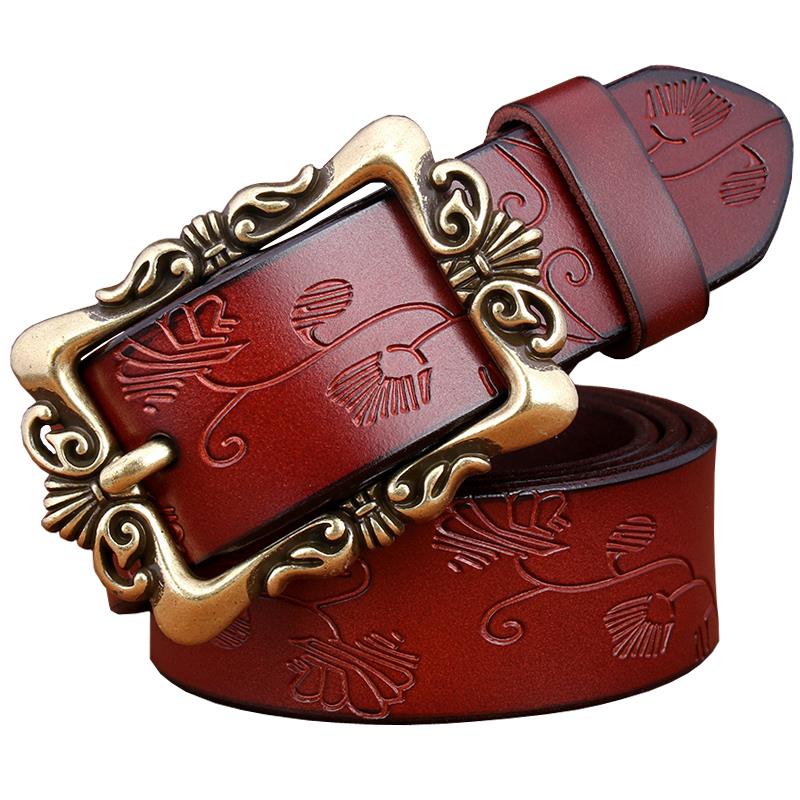 Wide Genuine Leather Belts For Women Vintage Floral Pin Buckle Belt-Women's Belts-Arimonz-Arimonz