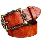 Wide Genuine Leather Belts For Women Vintage Floral Pin Buckle Belt-Women's Belts-Arimonz-Brown Big Flower-90cm/35.43inches-Arimonz