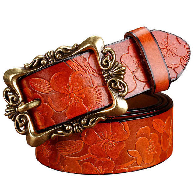 Wide Genuine Leather Belts For Women Vintage Floral Pin Buckle Belt-Women's Belts-Arimonz-Brown Big Flower-90cm/35.43inches-Arimonz