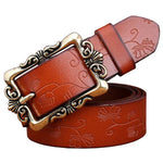 Wide Genuine Leather Belts For Women Vintage Floral Pin Buckle Belt-Women's Belts-Arimonz-Brown Small Flower-90cm/35.43inches-Arimonz