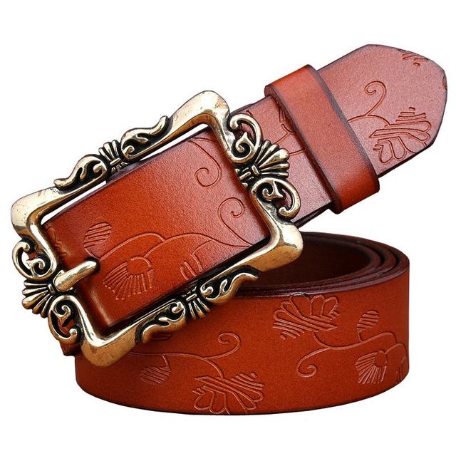 Wide Genuine Leather Belts For Women Vintage Floral Pin Buckle Belt-Women's Belts-Arimonz-Brown Small Flower-90cm/35.43inches-Arimonz
