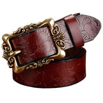 Wide Genuine Leather Belts For Women Vintage Floral Pin Buckle Belt-Women's Belts-Arimonz-Coffee Big Flower-90cm/35.43inches-Arimonz