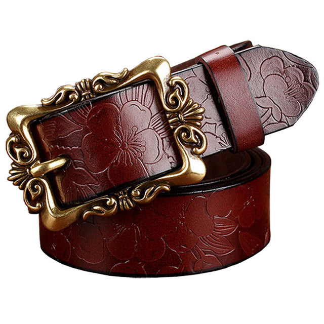 Wide Genuine Leather Belts For Women Vintage Floral Pin Buckle Belt-Women's Belts-Arimonz-Coffee Big Flower-90cm/35.43inches-Arimonz