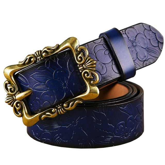 Wide Genuine Leather Belts For Women Vintage Floral Pin Buckle Belt-Women's Belts-Arimonz-Dark Blue Big Flower-90cm/35.43inches-Arimonz