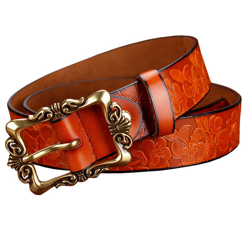 Wide Genuine Leather Belts For Women Vintage Floral Pin Buckle Belt-Women's Belts-Arimonz-Arimonz