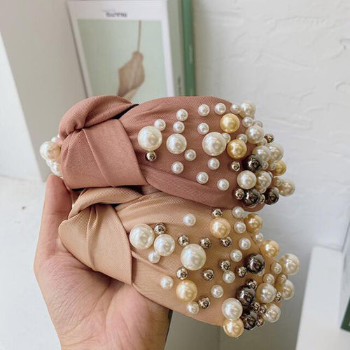 Wide Side Headband Mix Pearls Baroque Hairband Knot Headwear-Hair Accessories-Arimonz-Arimonz