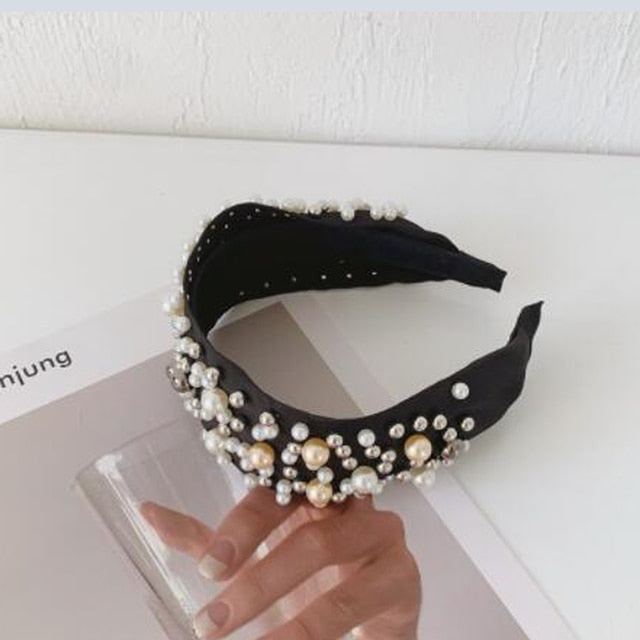 Wide Side Headband Mix Pearls Baroque Hairband Knot Headwear-Hair Accessories-Arimonz-black hairband C-Arimonz