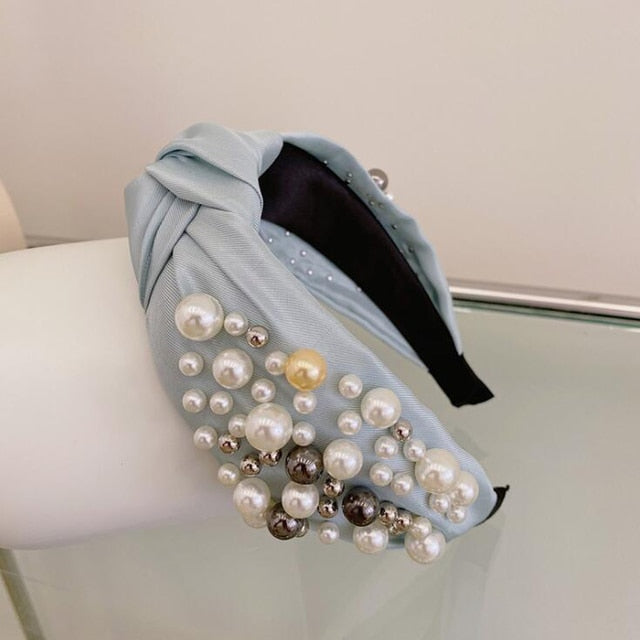 Wide Side Headband Mix Pearls Baroque Hairband Knot Headwear-Hair Accessories-Arimonz-blue hairband-Arimonz