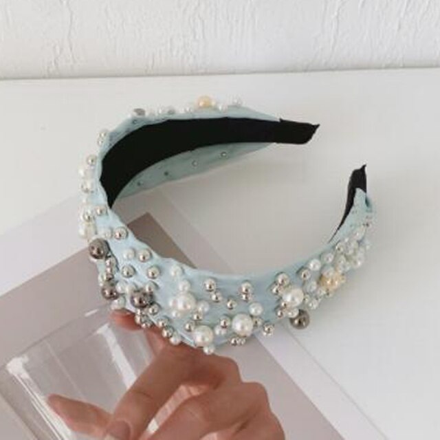 Wide Side Headband Mix Pearls Baroque Hairband Knot Headwear-Hair Accessories-Arimonz-blue hairband B-Arimonz